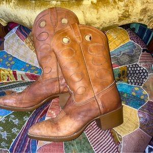 Vintage Tan Leather Pull-On Western Boots Size 7-7.5